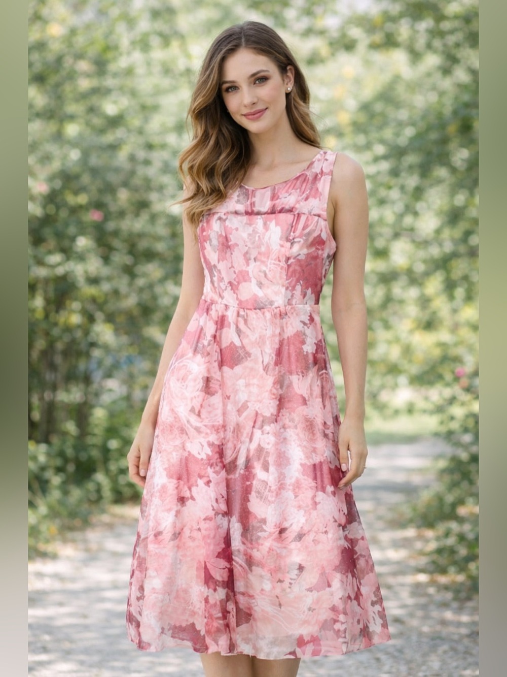 Lovely Grace Floral sleeveless Dress flare floral dress, cocktail, pink  Dress